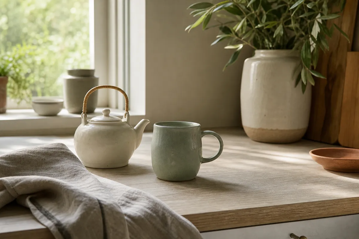Small teapot and sage green mug on a window-lit kitchen bench
