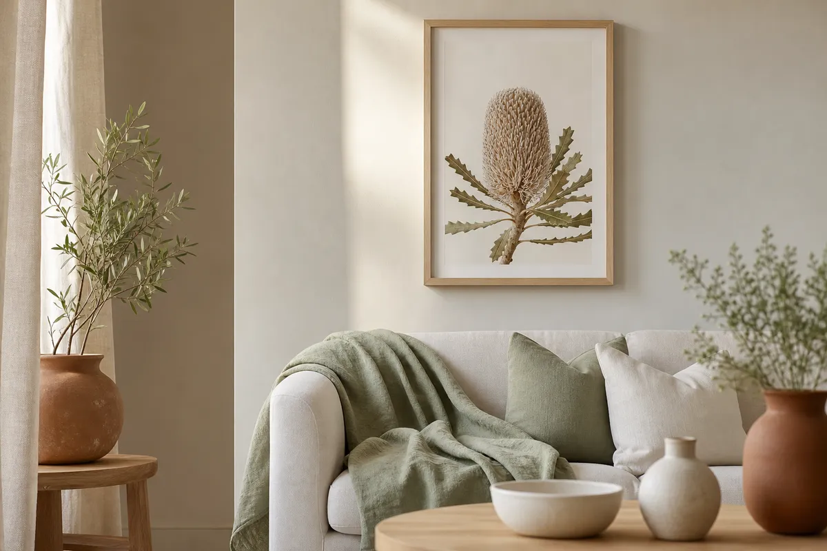 Single large banksia print above a pale sofa with a linen throw