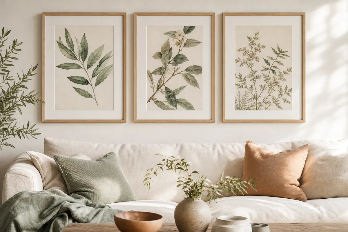 Three matching framed prints in a row above a sofa