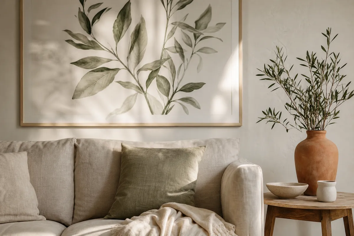 Linen sofa beneath a large framed botanical print on a pale wall
