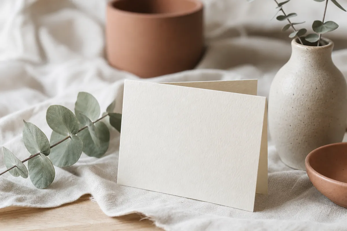 Folded cream card beside a eucalyptus sprig on linen