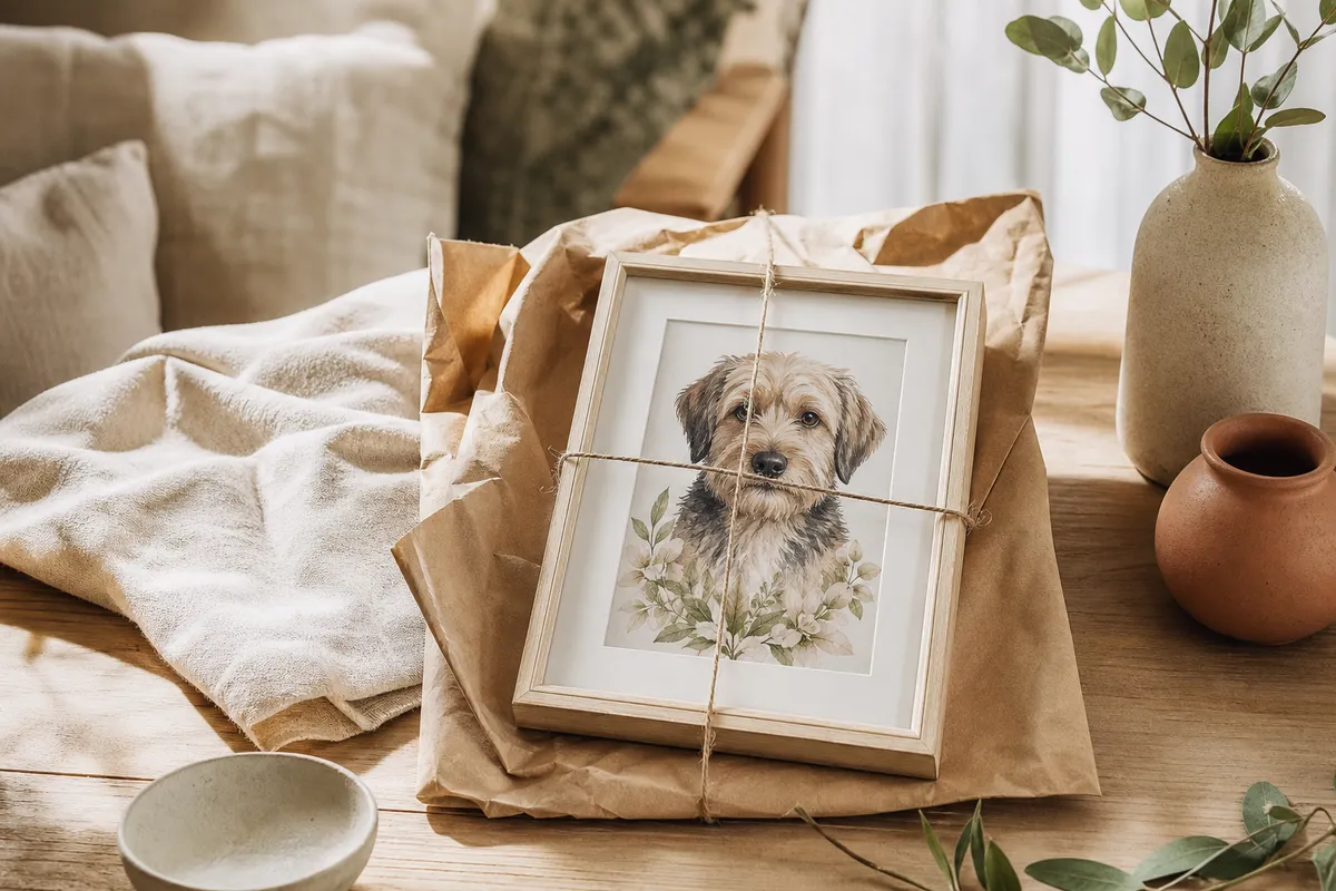 Small framed print wrapped in brown paper tied with string