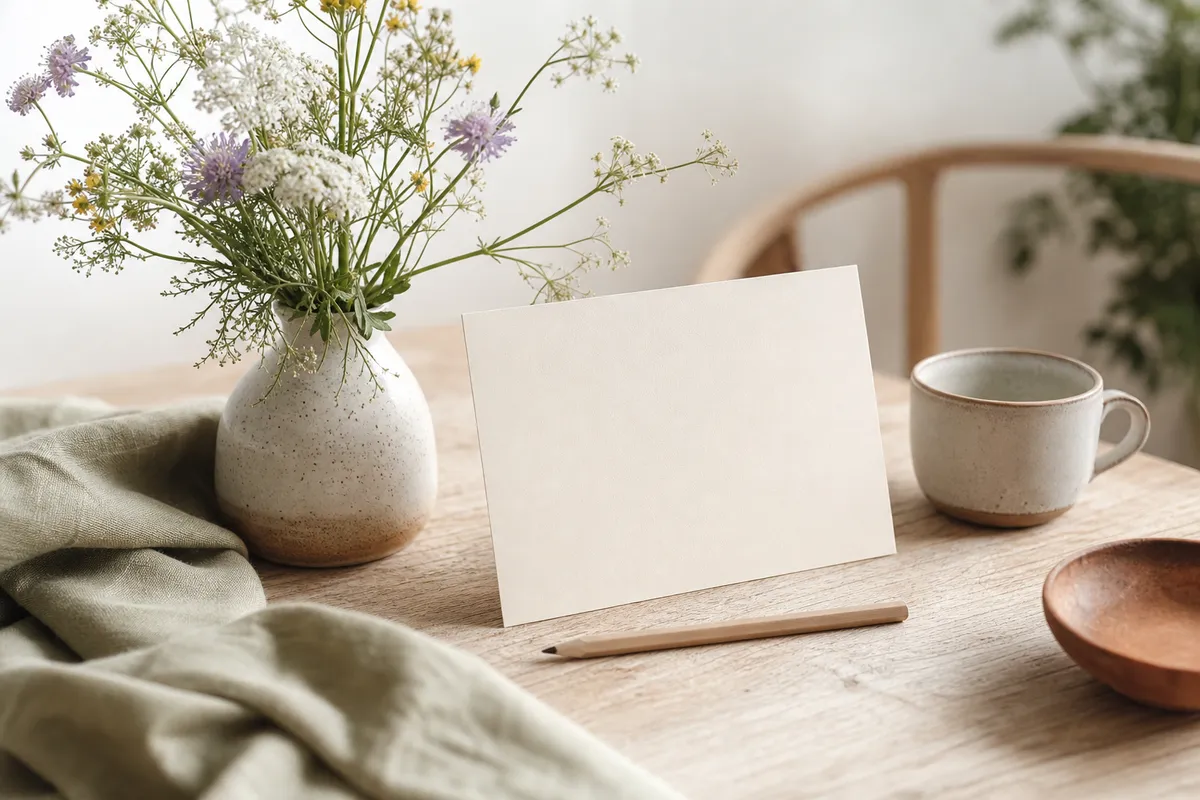 Blank cream card and pencil on a timber table beside wildflowers and a mug